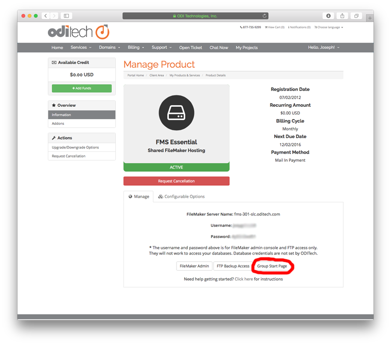 ODI Client Admin Service Page