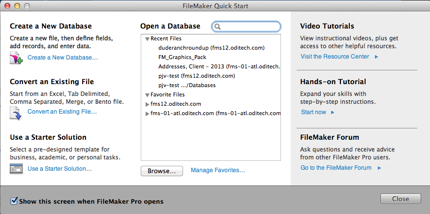 FileMaker welcome window popup